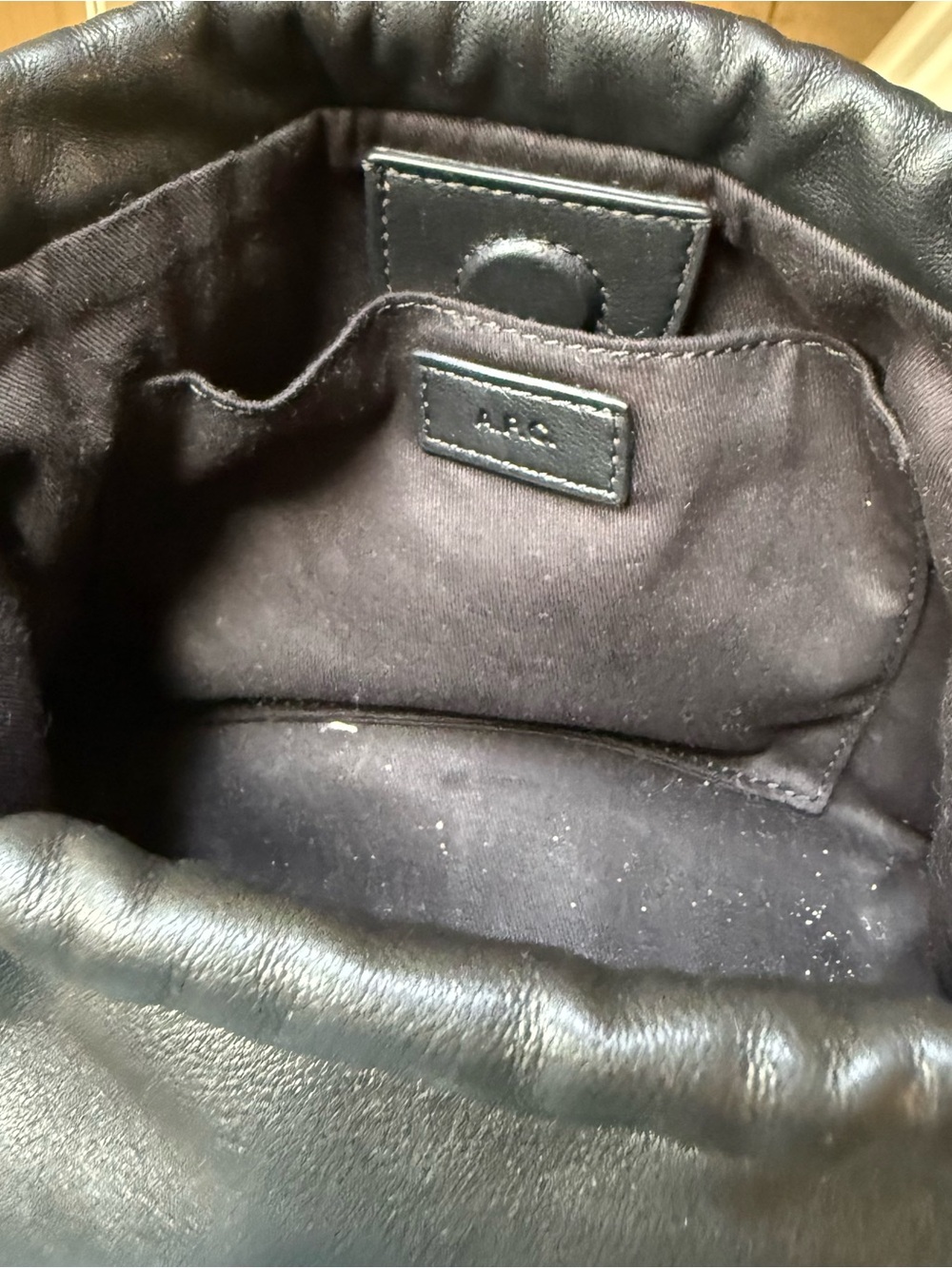 A.P.C. Ninon Crossbody Bag with Gold Hardware. Black Leather Drawstring - Picture 7 of 8